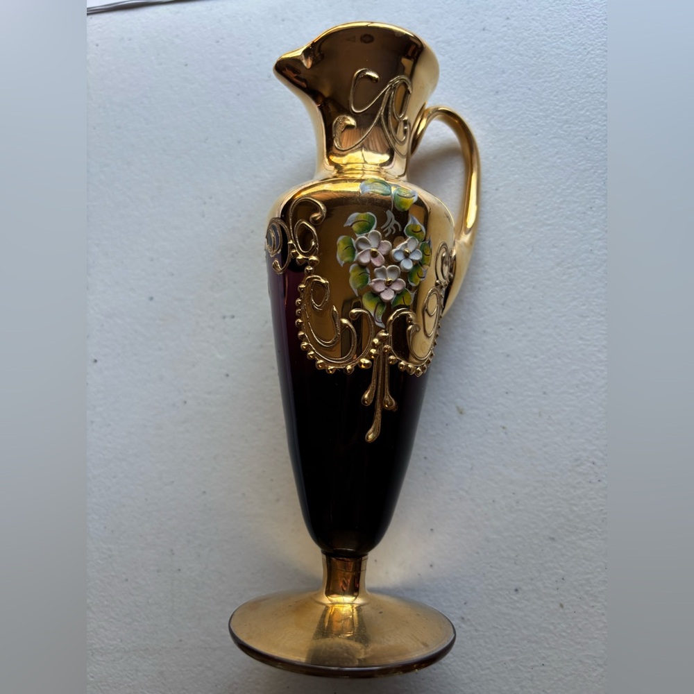ARDALT ITALY GOLD GILDED MURANO GLASS CRANBERRY PITCHER ONE SMALL FLAW BEAUTIFUL